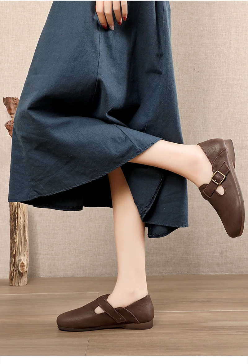 Real leather sole hard-wearing flat dresses shoes for women lightweight breathable oxford anti-slip vintage lazy shoes