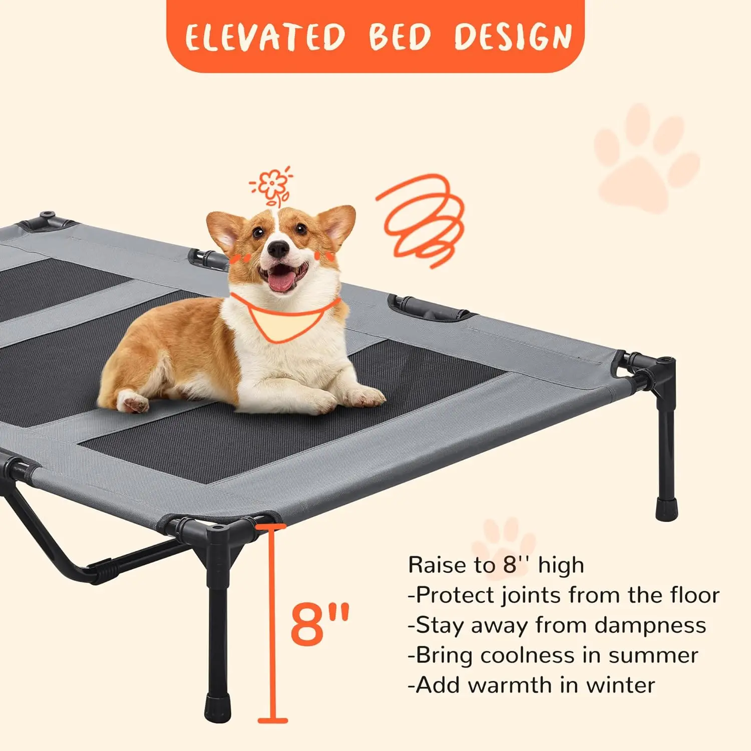 XL Elevated Dog Bed Pet Bed with Polyester Fabric Textilene Mesh Cooling and Portable Dog Cot for Indoors Outdoors Beach