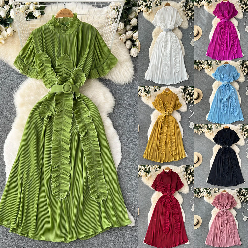 Wholesale Summer 8 Colors Woman Clothing Ladies Elegant Pleated Short Sleeve Midi Dress With Belt