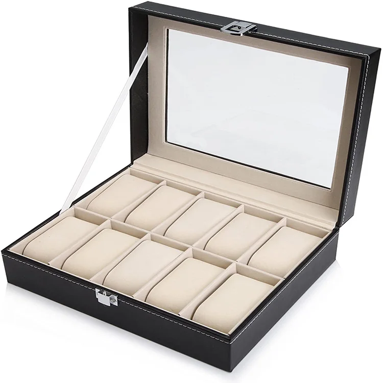
High Quality PU Leather Velvet 10 slots Watch Boxes And Luxury Black Watches Case Box for Storage Watches 