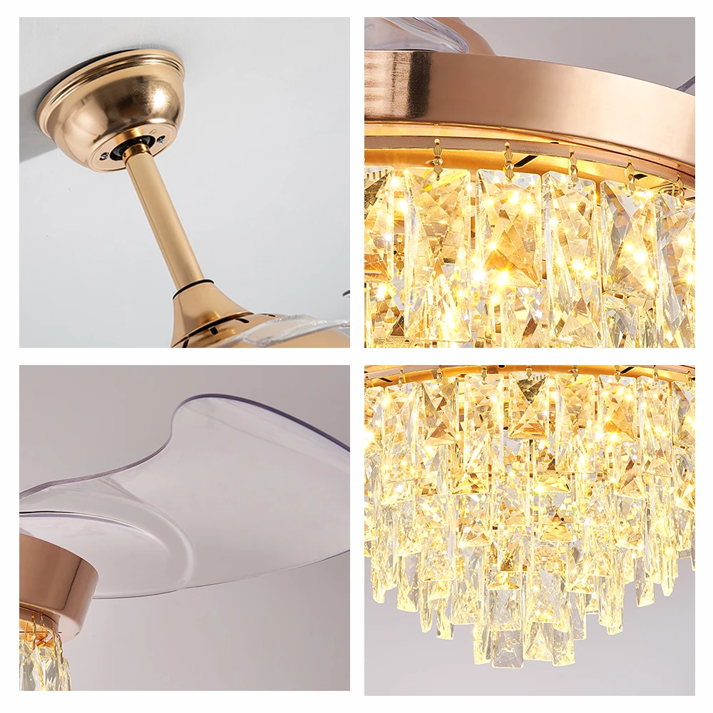 Ceiling fan with light 42 Inches Gold Modern Room Series LED Fancy Crystal Fan With Transparent Clear