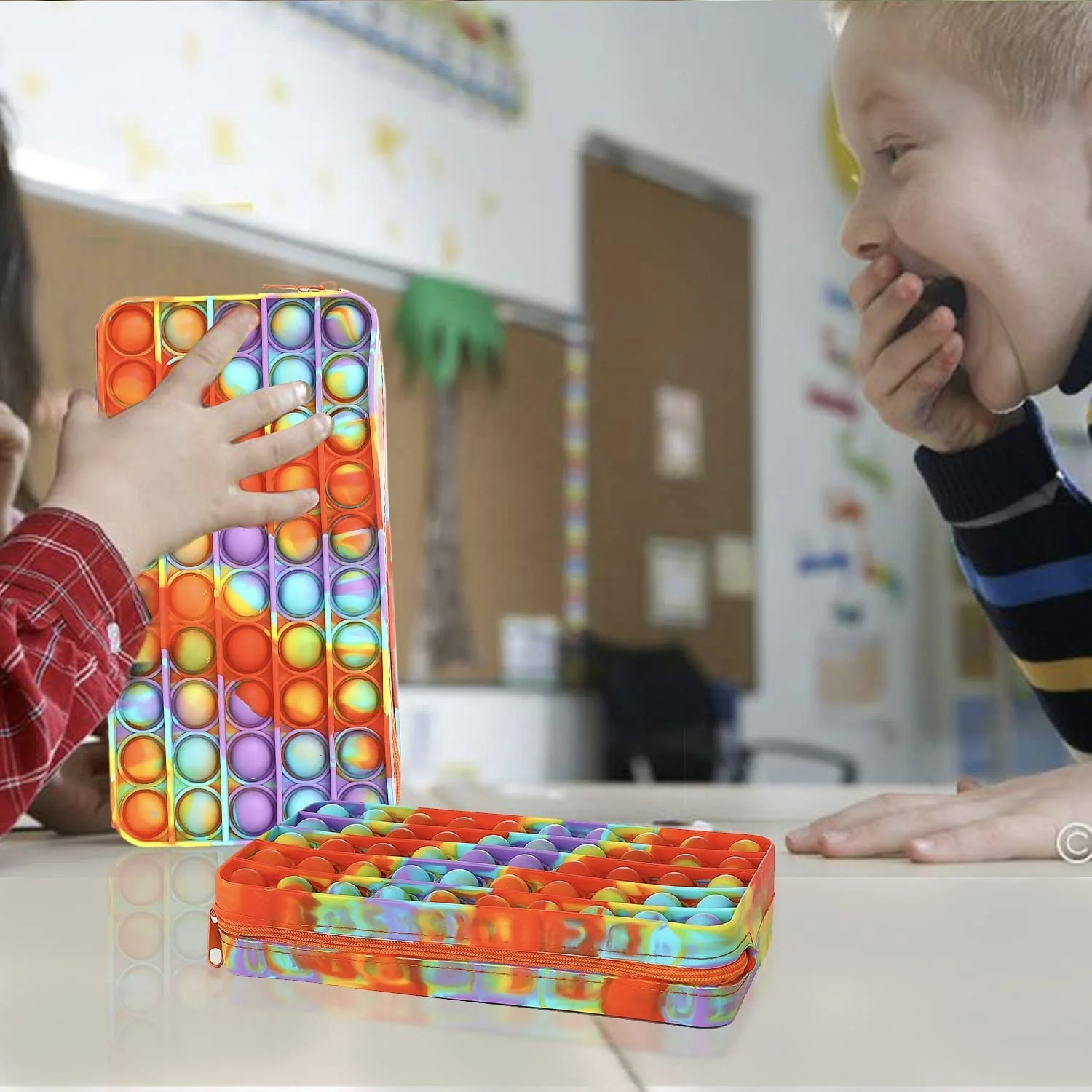 Custom Pop Fidget Up Out Silicone  Pencil Case Kids Students Stationery Box Rainbow Pop Push Pencil Pouch Bag