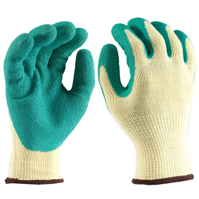 10G knitted yellow polycotton  cotton liner with green crinkle latex rubber finishing palm working safety gloves