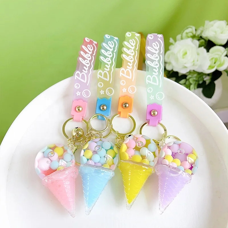 2023 new cute acrylic keyring key chain ring oil floating ice cream bubble quicksand liquid  keychain