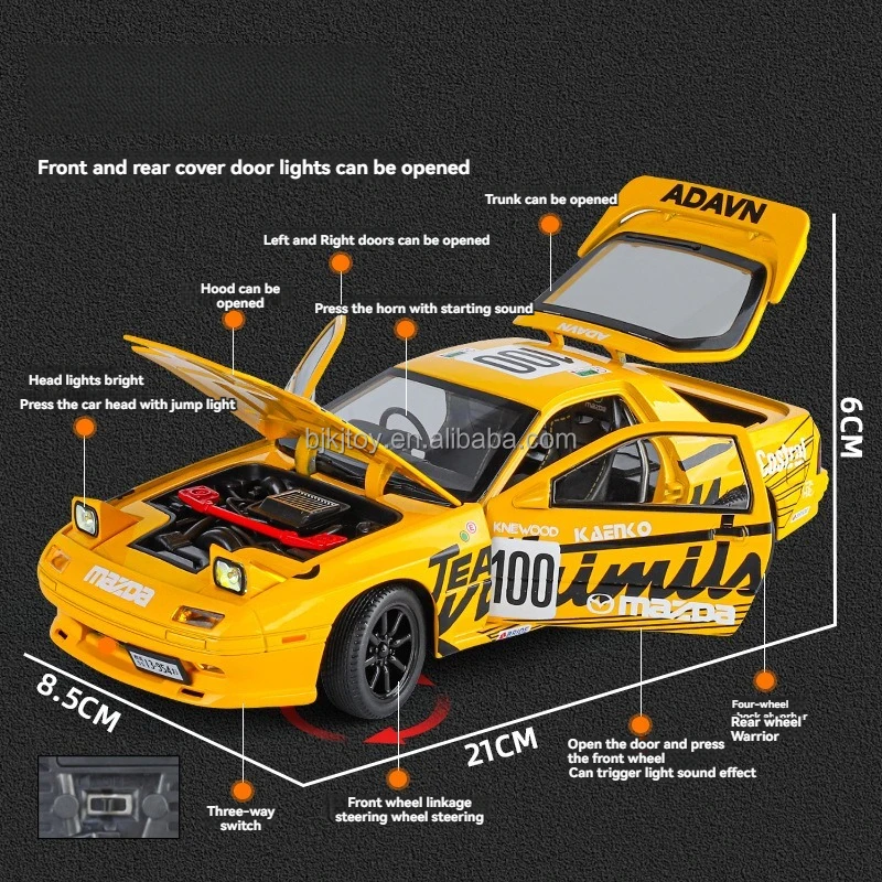 Pull Back Alloy Car Diecast RX7-PC 1/24 Race Car Model for Collection With Music Light