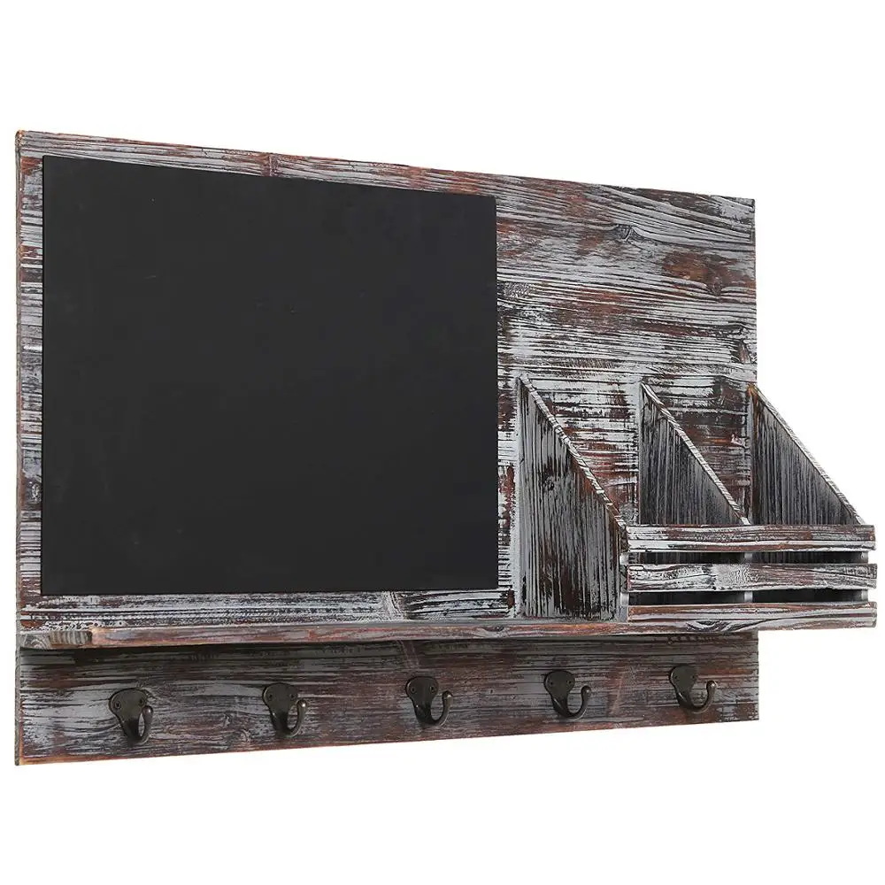 
Rustic Grey Wood Wall-Mounted Mail Sorter Rack with 5 Key Hooks Black Chalkboard 