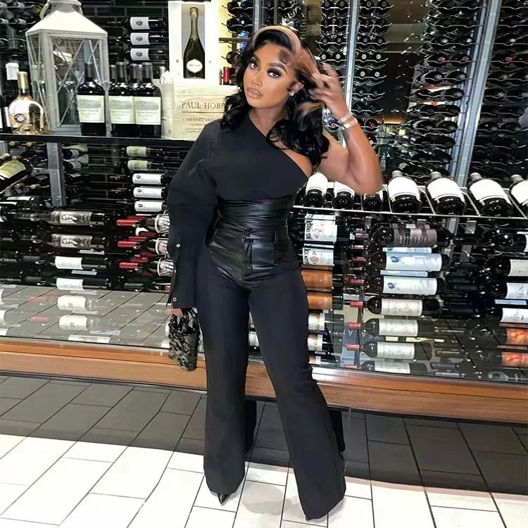 Sexy black leather patchwork two pieces pants set with oblique shoulder long sleeve crop top and straight-leg pants