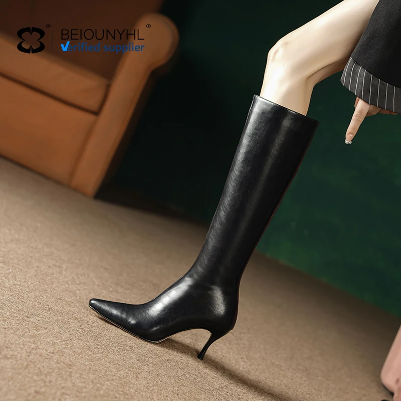 black Cowhide Korean stiletto genuine leather slimming boots for women, cusp and height slimming not over the knee long boots
