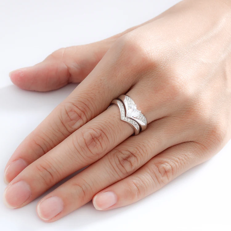 925 Sterling silver V shape ring stackable ring  with Heart shape stone Wedding set Wholesale fashion rings by the dozen