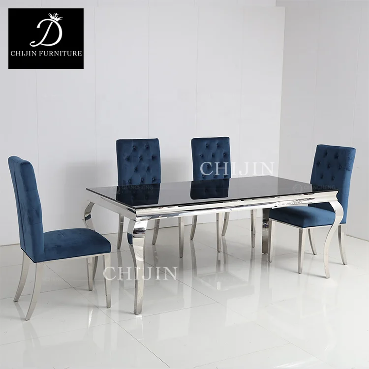 Modern Light Luxury Kitchen Table Set 6 Chairs Stainless Steel Base Glass Wooden Dining Furniture Restaurant Wedding Living Room