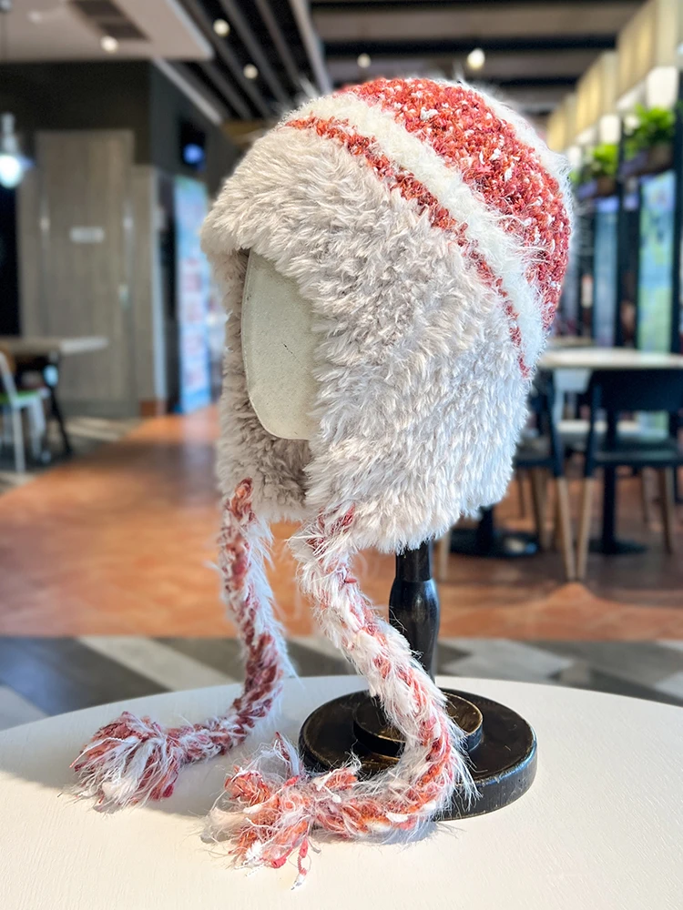 Striped Pattern Knitted Plush Beanie Cap Warm Thickened Women Hat Lady Beanie