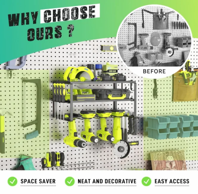 Good Quality Wall Mounted Metal Utility Cordless Drill Storage Rack Holder Tool Shelf Floating Power Tool Organizer