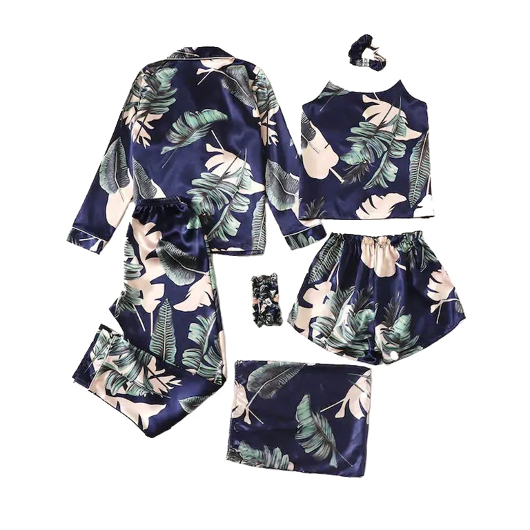 Multi 7 Pieces Pyjamas Women Sleepwear Luxury Printed Floral Satin Pajamas for Women Set
