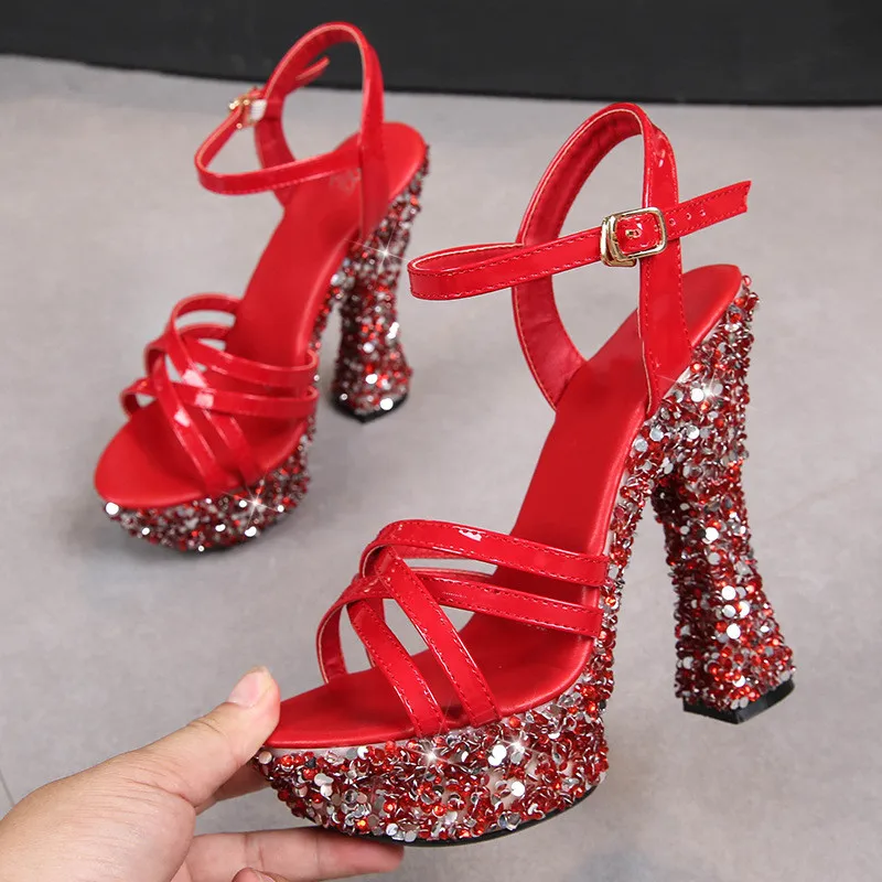 Sexy Fashion Summer Women 14 CM Chunky Shoes Shiny Glitter Platform Sandal Ankle Strap Girls High Heels Ladies Sandals