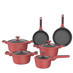 10pcs Aluminum Cookware Nonstick Marble Coating Cast Aluminum Cookware Sets with Lid Red