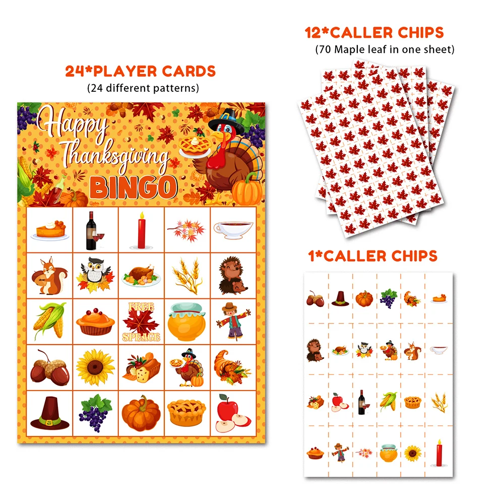 Fall Bingo Game for Kids - Thanksgiving Party Activities for 24 Players, Family and Classrooms