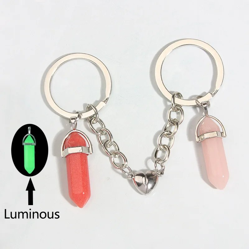 New Keychain Crystal Quartz Stone Key Ring Heart Magnetic Button Key Chain For Couple Friend Gifts DIY Handmade Jewelry