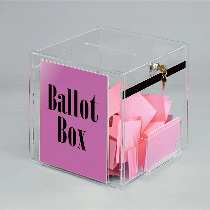 12 Inch Cube Ballot Box Clear Acrylic Lockable Donation Box with Front Pocket Cube with Memo Pad Holder
