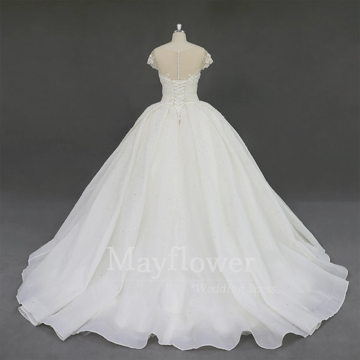 Cap sleeve bridal dress ball gown lace organza beaded wedding dress