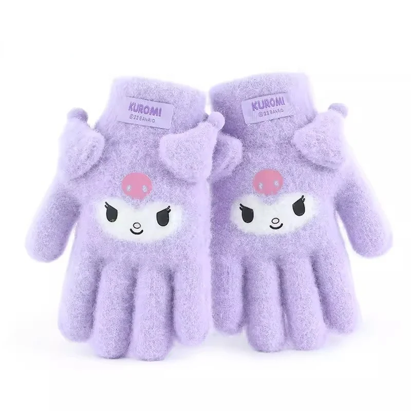 Kawaii Kuromi перчатки детские Мультяшные Mymelody Cinnamoroll зимние плюшевые утолщенные варежки для мальчиков и девочек с пятью пальцами подарок