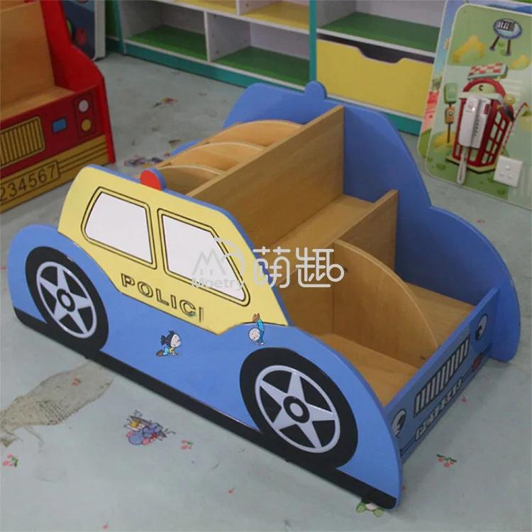 Moetry Car Shape Nursery Preschool Book Shelf Cartoon Wooden Kids Reading Center Bookshelf