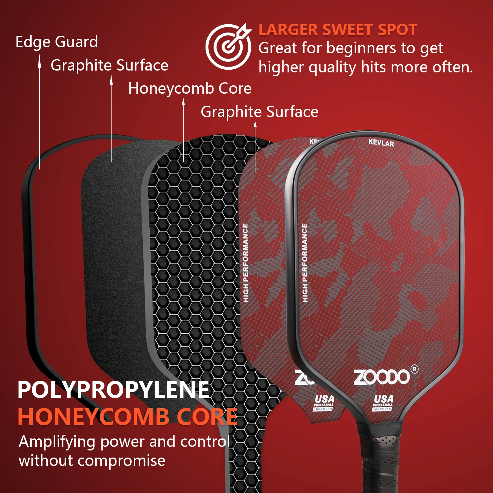 ZOODO T700 USAPA одобрено 18K 3K деревянное углеродное волокно сотовый сердечник Pickleball весло 16 мм для занятий спортом взрослых