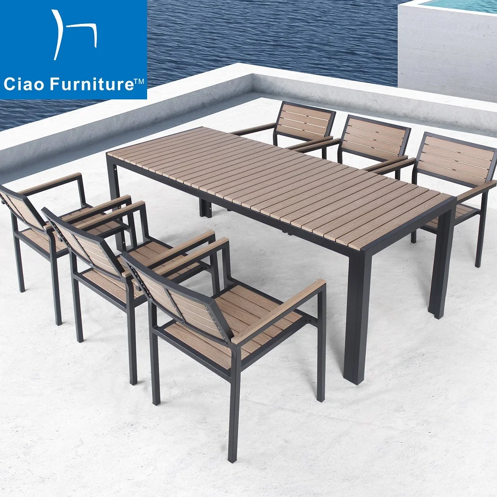 Hot Selling Outdoor Restaurant Terrace Furniture Faux Wood Patio Dining Table and Chair Set