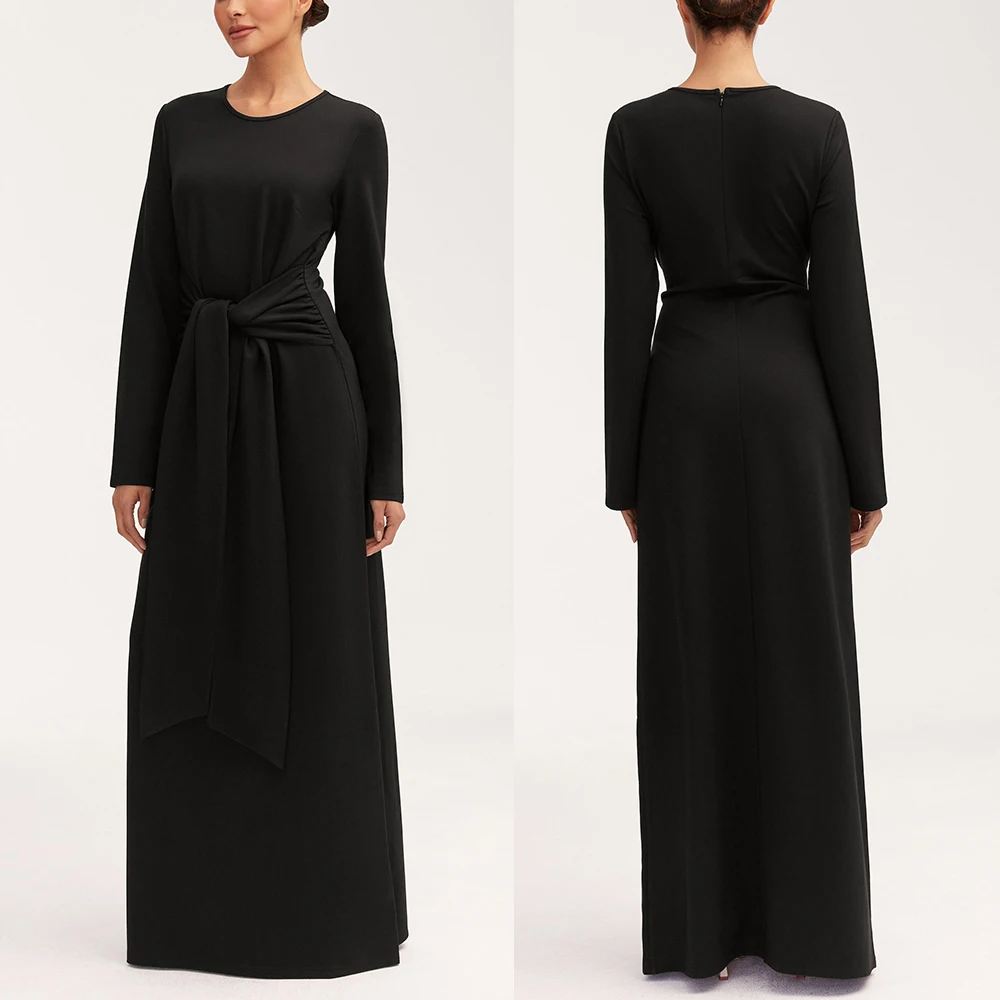 Clothing Supplier Plain long sleeves Crew Neck long sleeves Women casual Elegant Tie Front Maxi Dress For Ladies