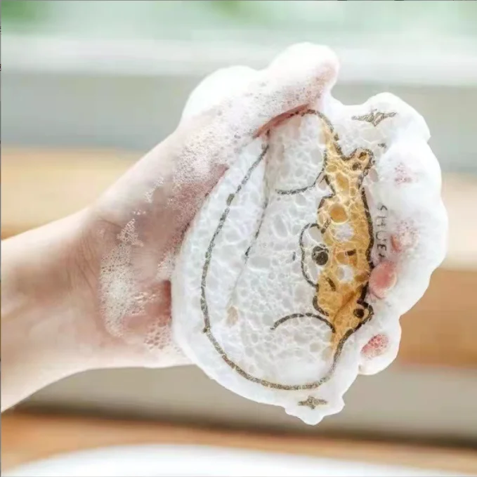 Household Compressed Dishwashing Sponge Kitchen Absorbent Magic Sponge Cartoon Wood Pulp Dishwashing Cloth Cellulose