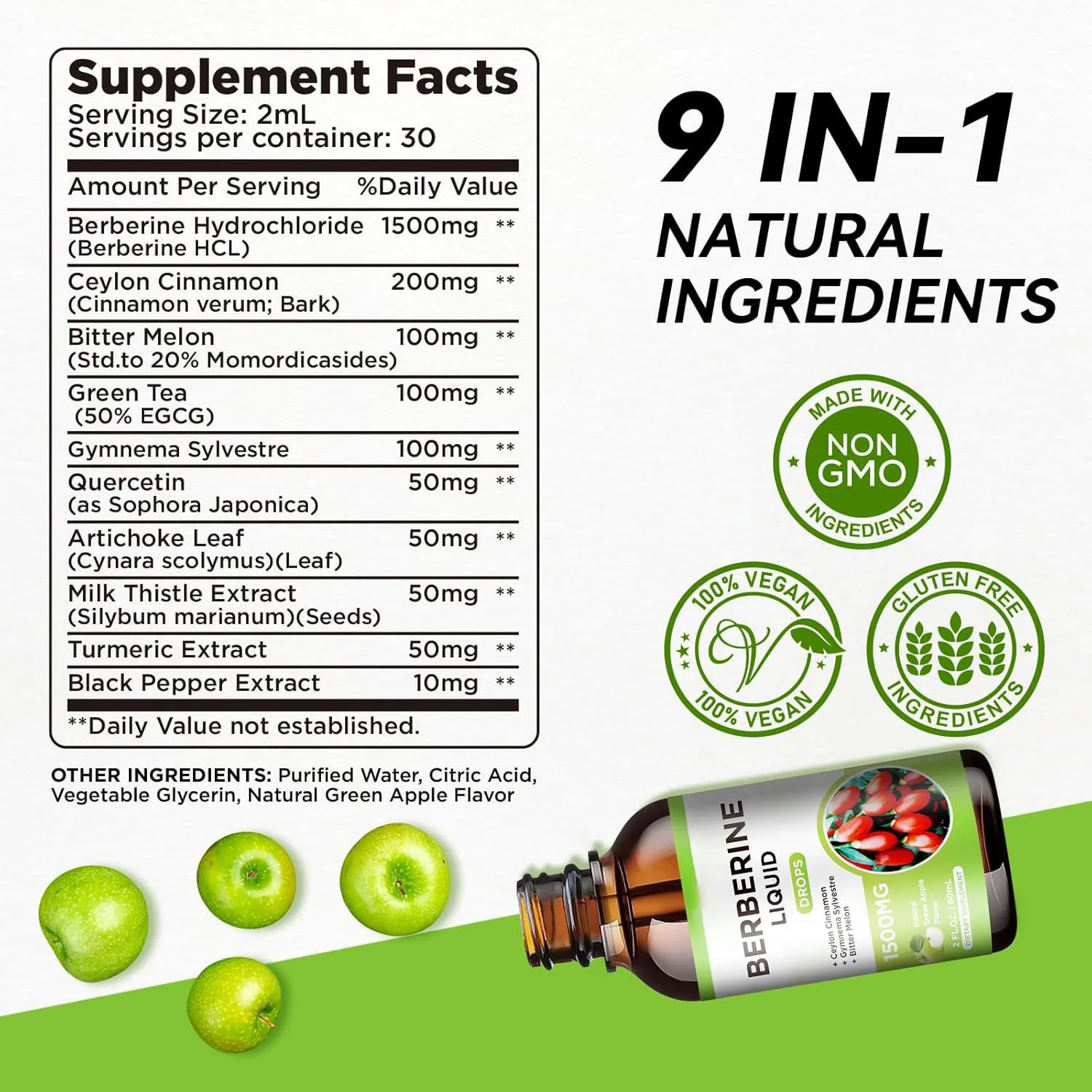 Organic Berberine HCL Liquid Drops Ceylon Cinnamon Quercetin Milk Thistle Turmeric Black Pepper Extract Oral Liquid