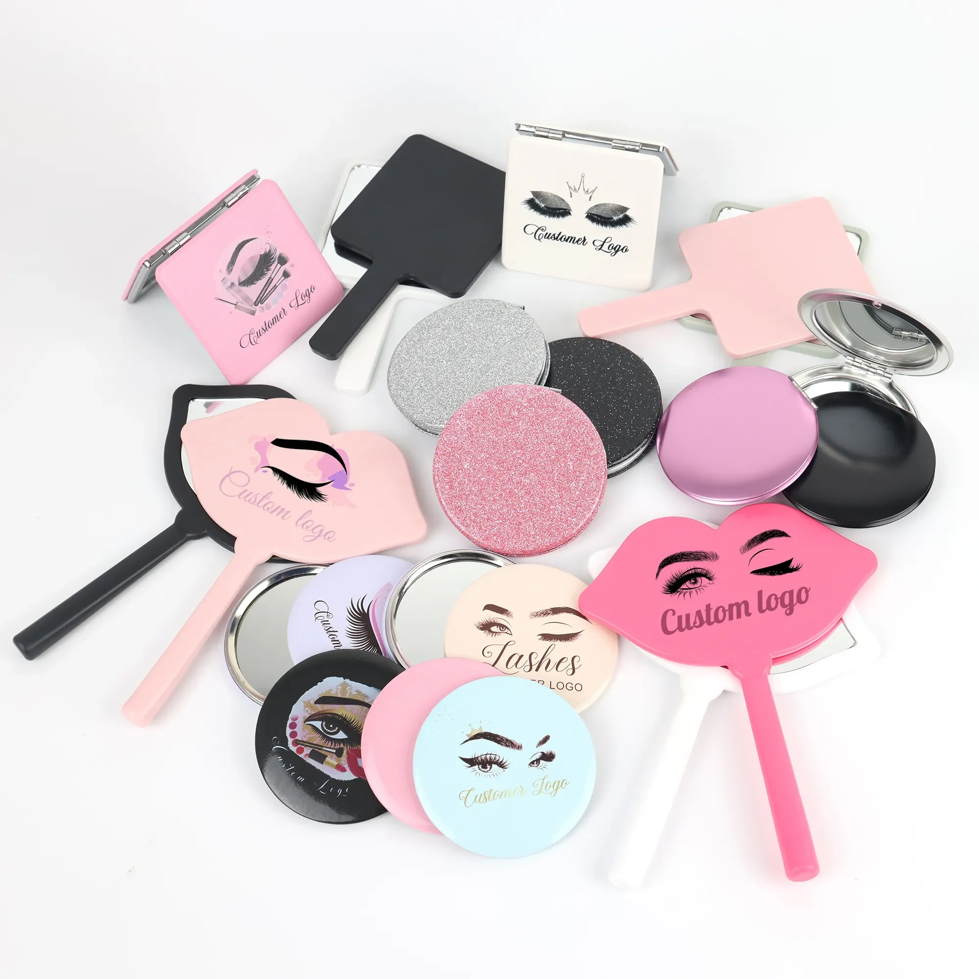 Custom Handheld Makeup Mirror Vintage Personalized Portable Mini Pink Heart Hand Held Vanity Mirror With Logo