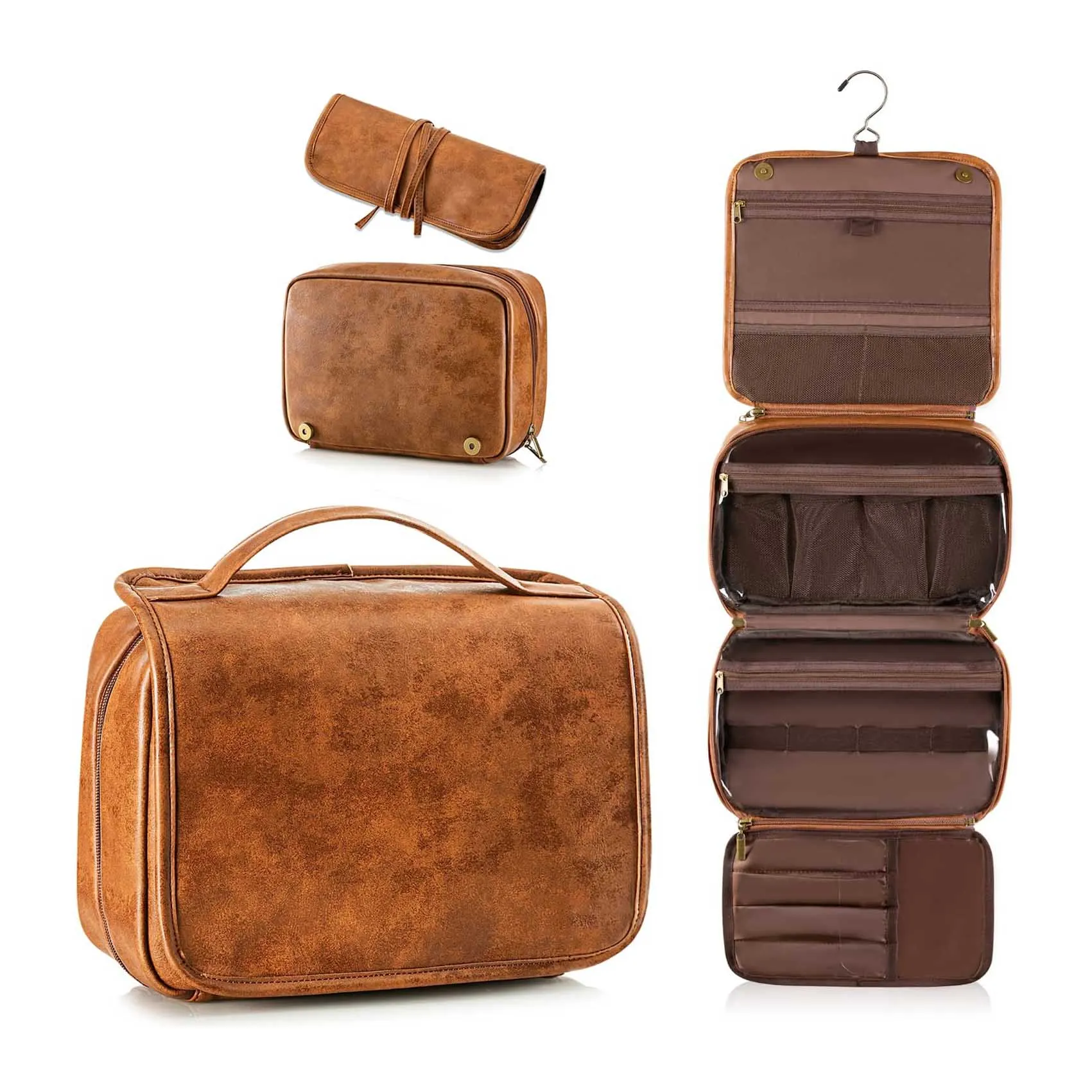 Custom PU Leather Bathroom Dopp Kit Shaving Bag Toiletry Bag Hanging Travel Organizer Large Makeup Cosmetic Case