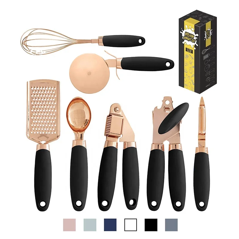 Rose Gold Copper Coated Stainless Steel Cooking Utensils Accessories Kitchen Gadget Set with Anti-Slip Soft Touch Handles