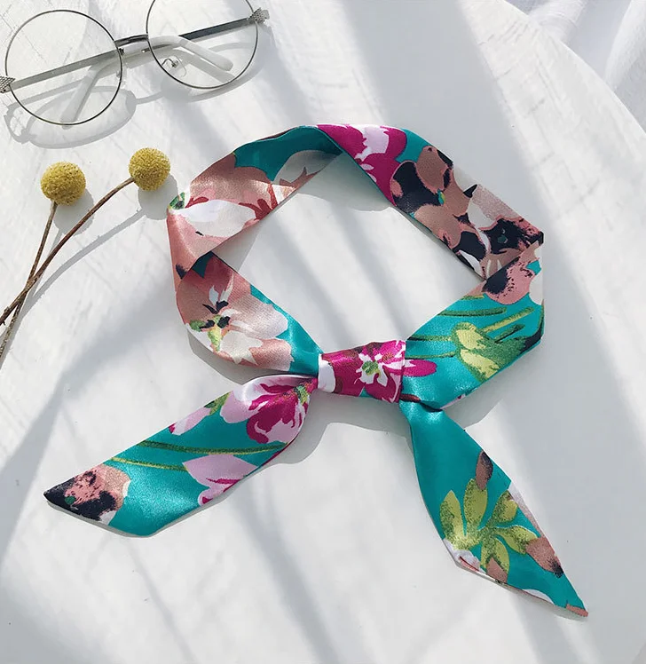 Factory direct custom Multi colors print satin scarf Narrow scarves hair accessories wholesale tied handle bag Twill scarves
