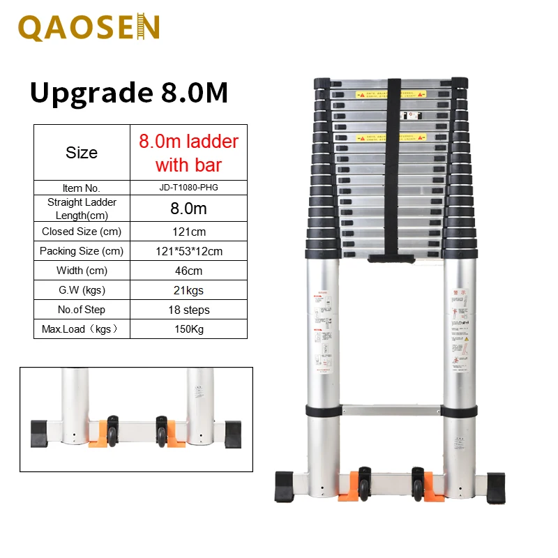 Upgrade 8.0M Single Telescopic Ladder with Balance Bar Aluminum
