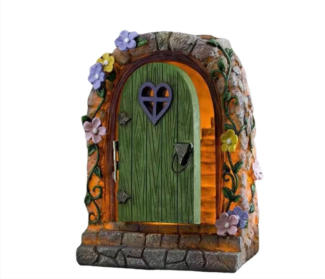 2022 Miniature Fairy house door garden decoration solar resin stone door ornaments staircase garden furniture crafts