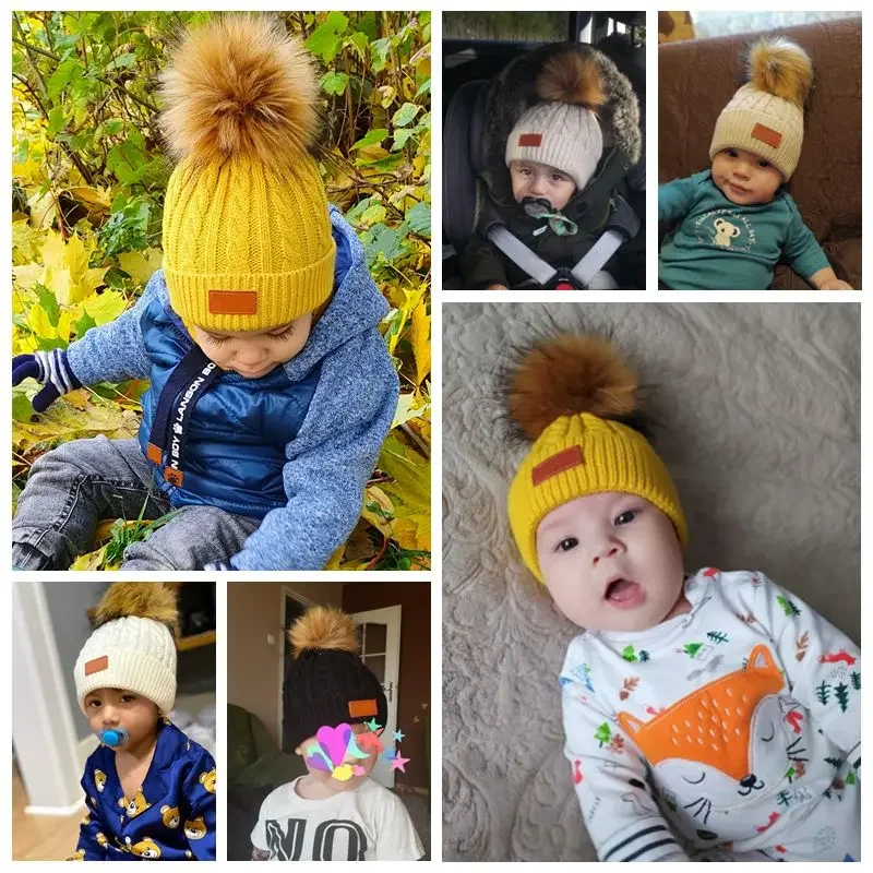 Baby Winter Hat Cute Pompom Cap Beanie Autumn Winter Warm Knitted Children Girls Knitted Hat Solid Hairball Elastic Kids Bonnet