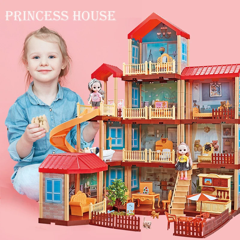 Princess DIY Big Villa Doll House Plastic Play Castle Doll houses Furniture Kit With Figures Assembled Toys for Girls Children