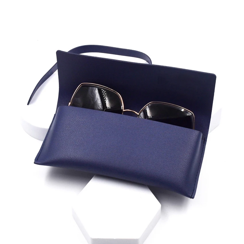 blue PU leather glasses case with strap closure