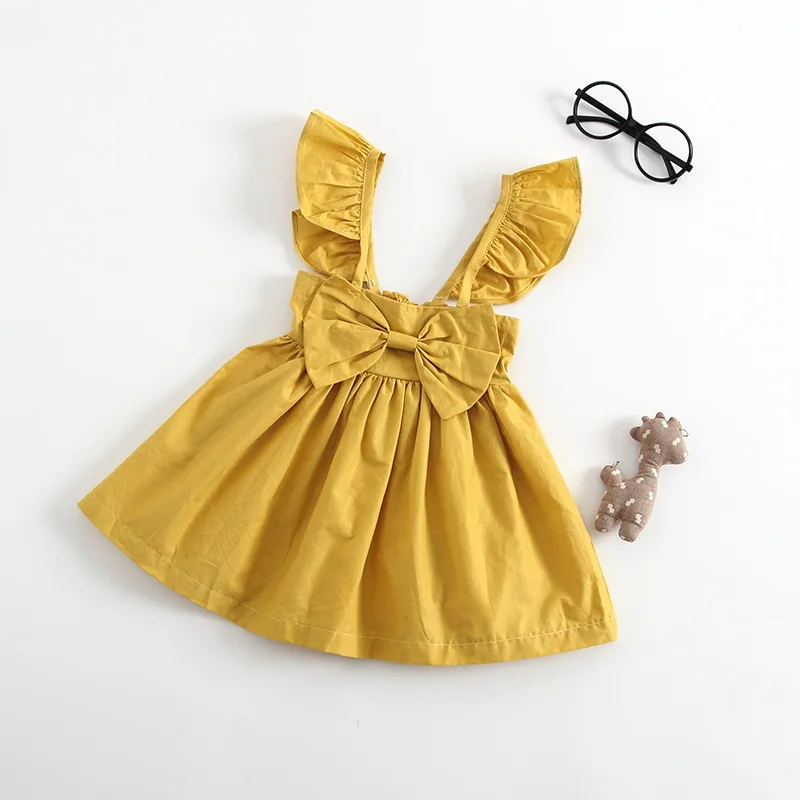 
summer kids baby girl yellow fly sleeve dresses european fashion oversize bow soft cotton tutu fancy dress girls dresses 