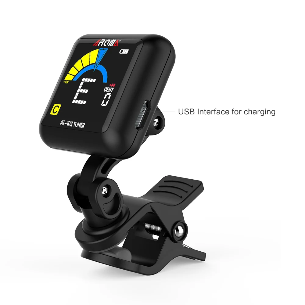 AROMA AT-102 Clip-on Guitar Tuner Rechargeable Color Screen Tuner with Built-in Battery USB Cable
