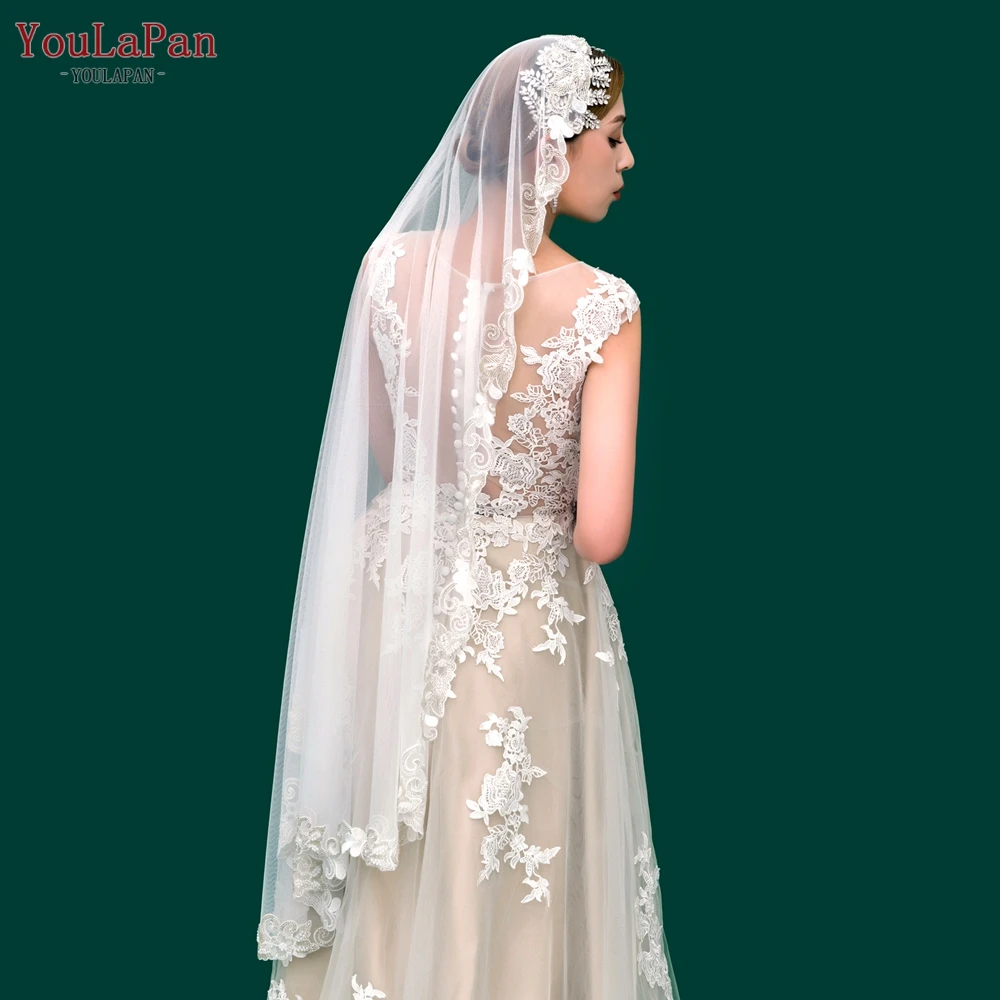YouLaPan V60 Retro Short Without Comb Cover Veil Hand Beaded Embroidered Lace Single Layer White Veil Bridal Wedding Veil