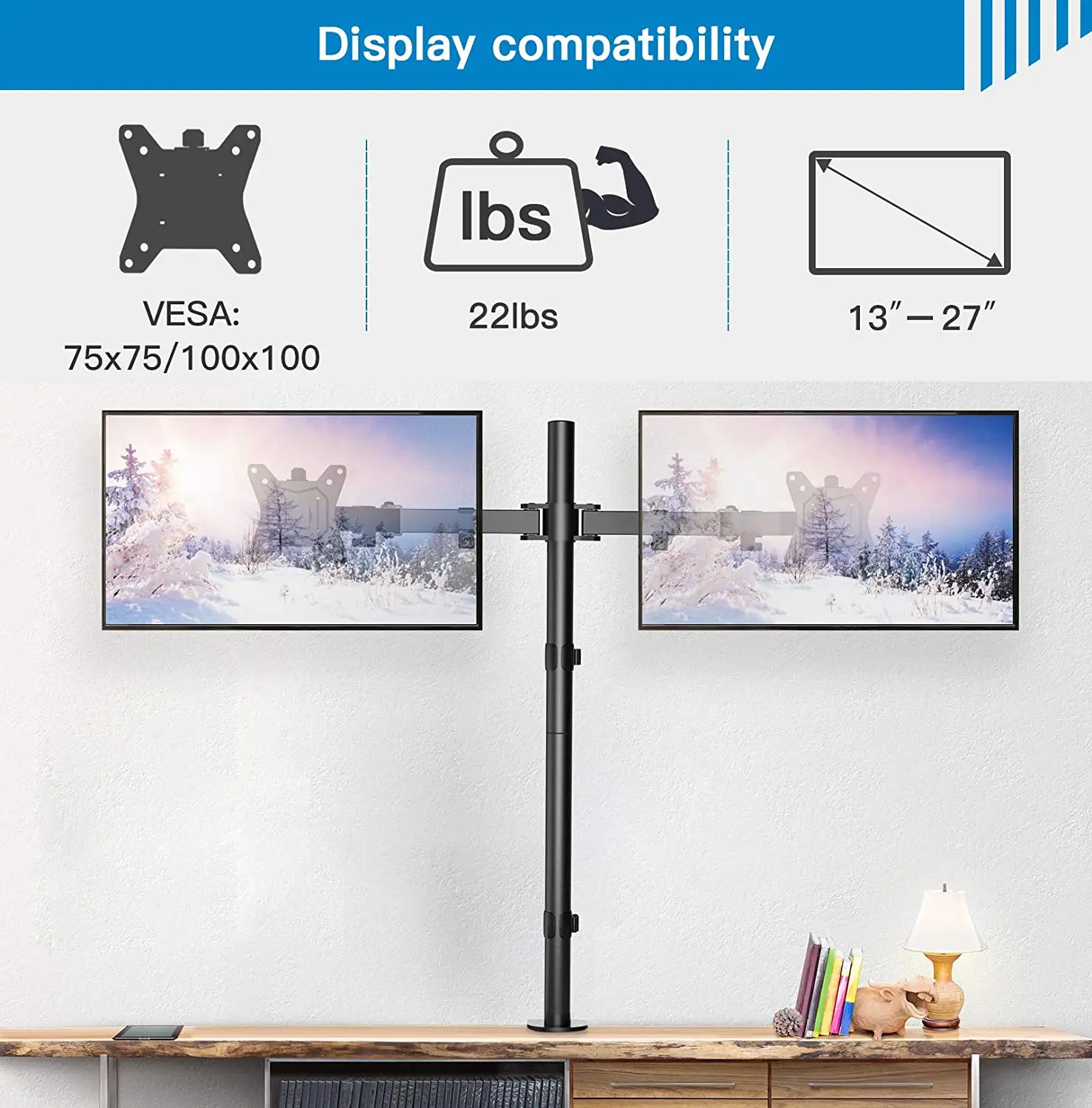 MG Extra Tall Dual Monitor Stand Up Desk Mount Extra Tall 32 inch Pole Fully Adjustable Stand for up to 27 inch Screens