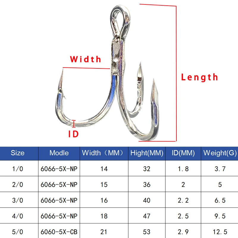 BKK 6066-5X-NP Bright Tin Treble Hook 6066-5X-CB Triple Fishing Hooks 1/0 - 5/0 Fishhook For Saltwater Freshwater Fishing
