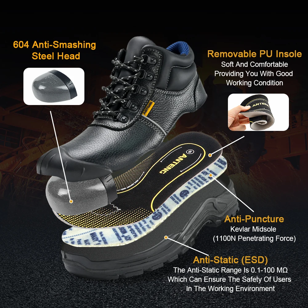 ANTENG Custom S3 Waterproof standard Steel Toe Cow Leather Men Safety Shoes Industrial Construction Work Boots