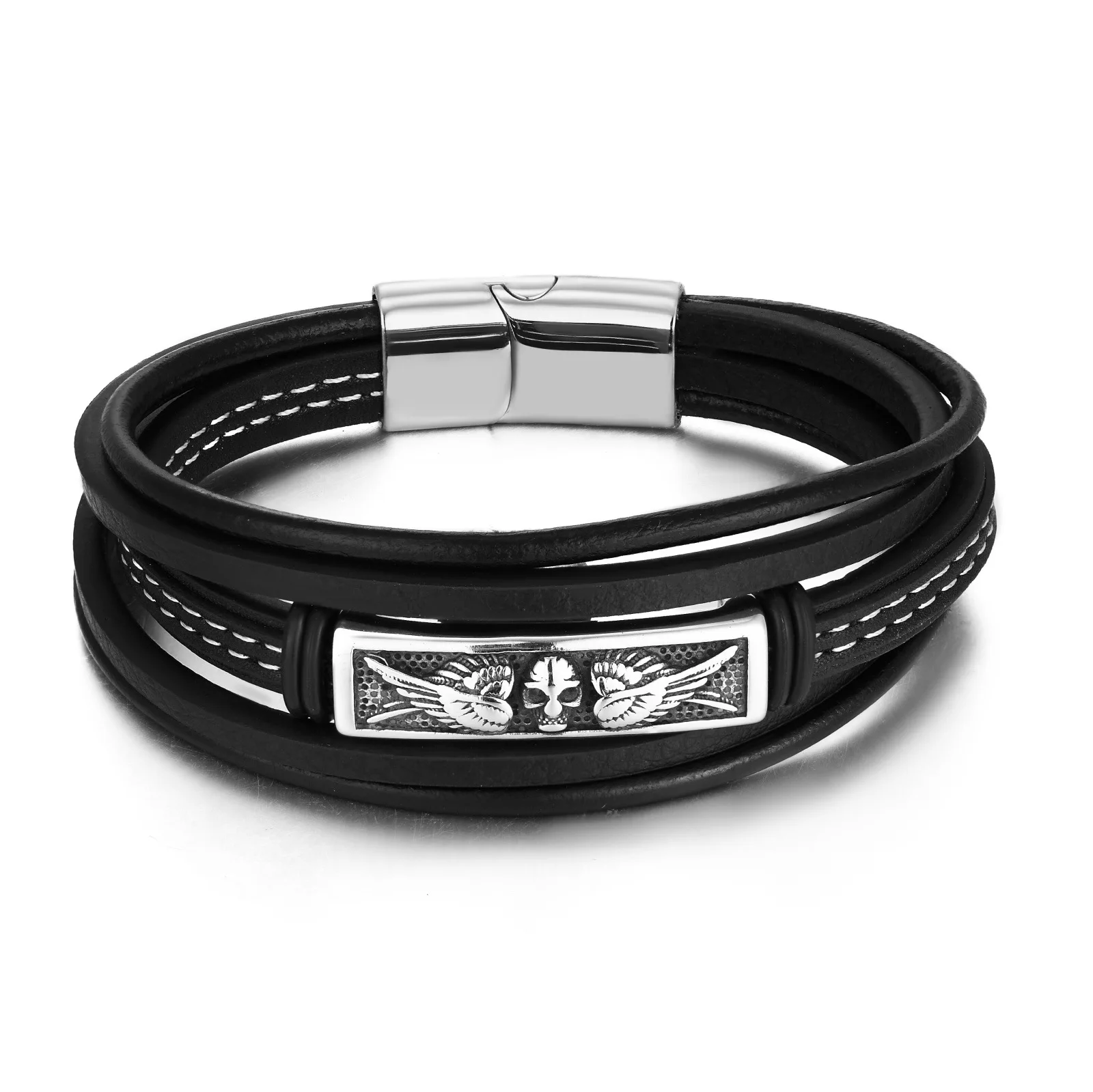 Luxury leather bracelet skull stainless steel and leather bracelets for men
