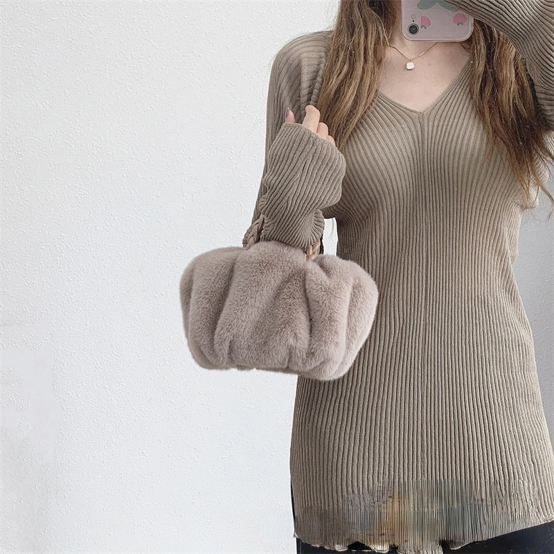 hot selling 2022 autumn and winter new wool-like pumpkin hand bag female drawstring handbag classic women plush bag
