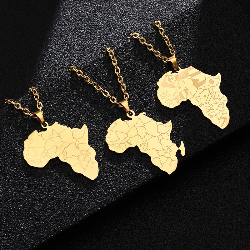 High Quality Hip-hop Style stainless steel Africa Map Pendant Necklaces gold plated Gold Color Jewelry For Women Men