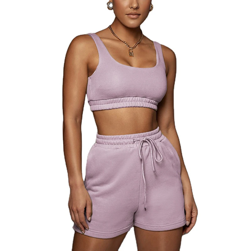 Custom Logo 2piece set Women Ribbed Active Vest Crop Matching Sweat Biker 2 piece short set Outfit Women Tracksuit Sweatsuit Set