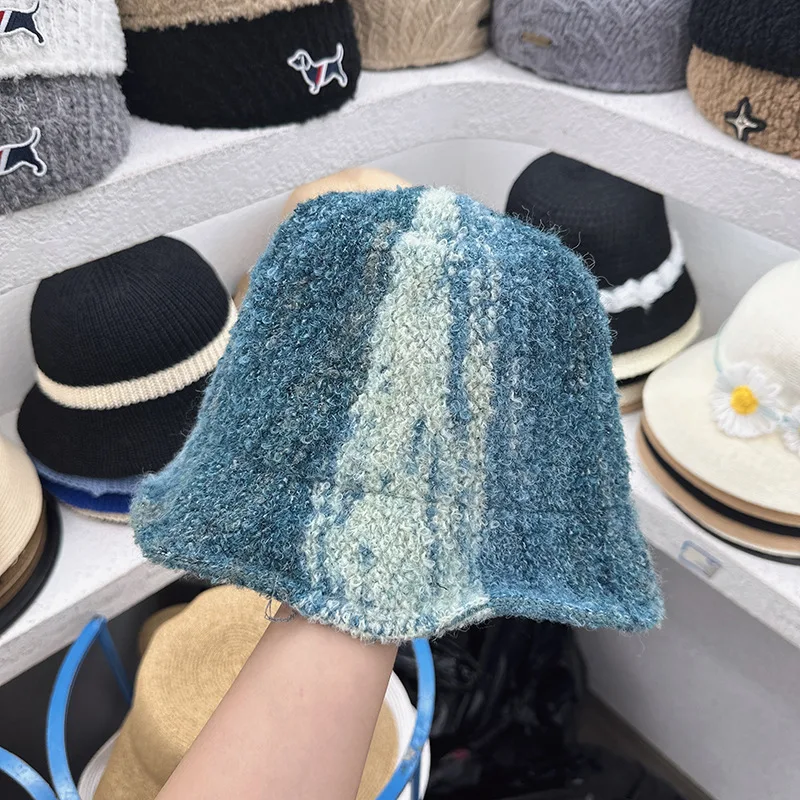Fashion Mens Winter Wool Felt Knitted Stripe Bucket Hat Unisex Outdoor Windproof Fleece Hat